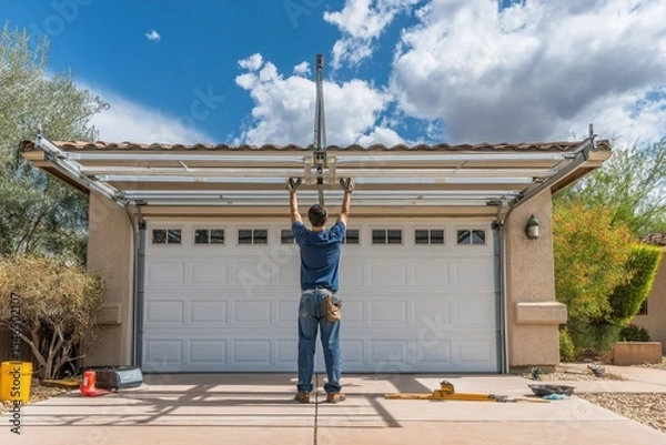 Obraz Man installs a garage door in a residential neighborhood on a sunny day while clouds decorate the blue sky