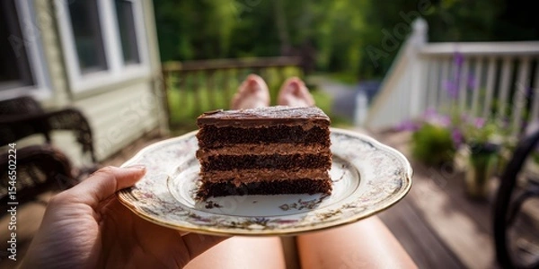 Obraz A person holding a slice of chocolate cake on a plate