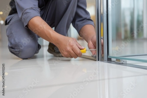 Obraz Worker installing glass door with screwdriver in modern commercial space during daytime