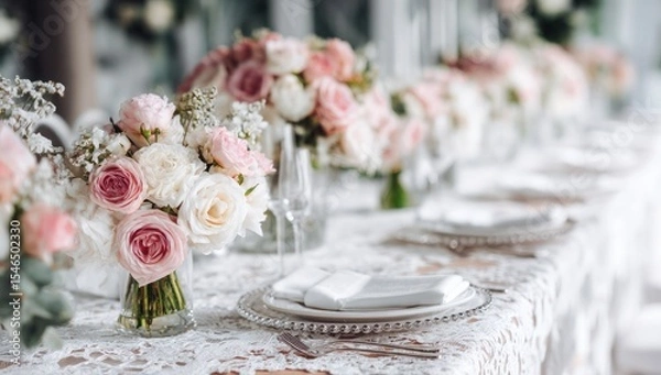 Obraz A table with a white tablecloth and a row of vases with flowers in them