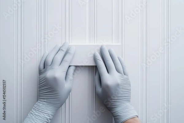 Obraz Hands in gloves applying adhesive to a white panel for wall installation inside a modern interior space