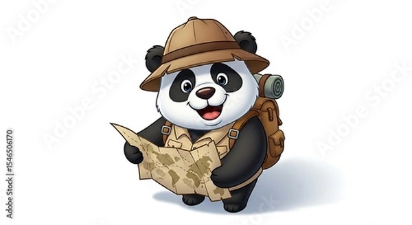 Fototapeta Cartoon panda explorer with map, hat and backpack, smiling and ready for a travel adventure. On white background.