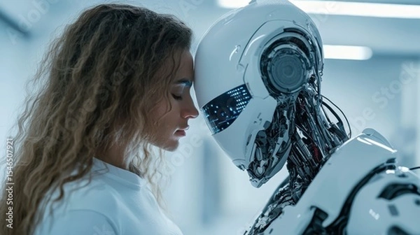 Fototapeta A touching moment captures the interconnectedness between a human and a robot, emphasizing themes of technology, emotion, and the future of relationships in a modern world.