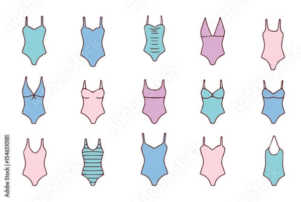 Fototapeta Set of linear bright women's bikini swimsuits on white background. Doodle style women's clothing icons. Hand drawn isolated fashion vector illustration.