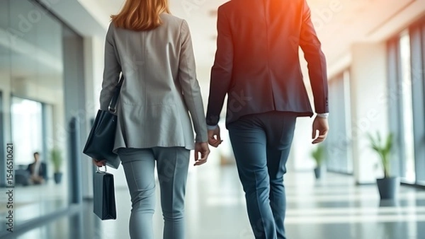 Obraz Two business professionals walking away from each other in a modern office, symbolizing corporate separation or partnership dissolution. Business conflict, negotiation failure, or strategic divergence