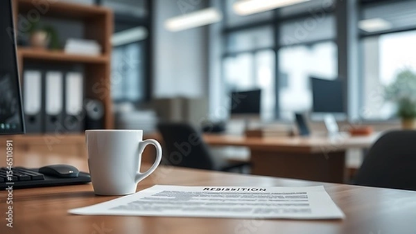 Obraz Empty office desk with coffee cup and resignation letter, symbolizing job layoffs, workplace uncertainty, and career transitions in corporate environment.