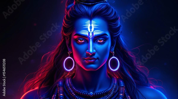 Fototapeta A powerful and serene portrait of Lord Shiva depicted in a hyper-realistic digital art style. His face is illuminated with contrasting cool blue and warm red lighting,