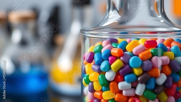 Obraz Colorful plastic pellets in laboratory beaker for plastic chemical research, polymer material science and industrial production concept.