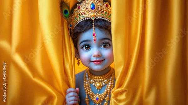 Fototapeta An adorable baby Krishna with glowing blue skin, large expressive brown eyes, and a sweet smile. He is peeking out from behind luxurious golden silk curtains.