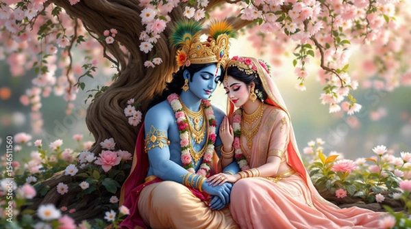 Fototapeta Create a soft, romantic, and highly detailed digital painting of Lord Krishna and Radha sitting closely together under a beautifully twisted tree,