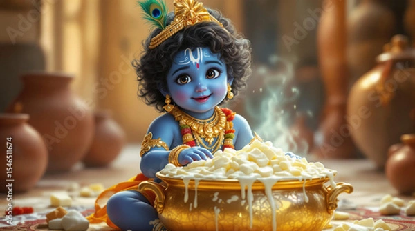 Fototapeta A hyper-realistic digital painting of a baby Krishna with blue skin, adorned with golden jewelry and garlands, sitting indoors with a soft divine glow around. 