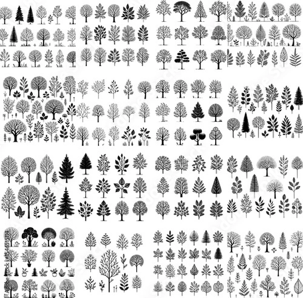 Fototapeta Minimalist black and white line art of trees in botanical outline vector style