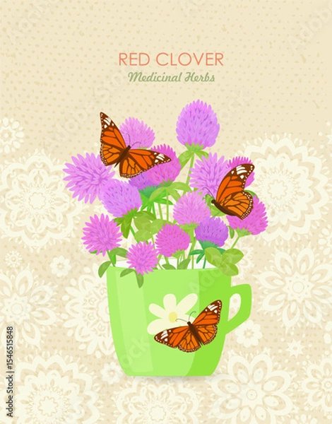 Fototapeta banner with a cup of blooming Trifolium pratense flowers and butterflies. card with red clover wildflowers in a mug. medicinal herbal pratense clover flower on vintage background