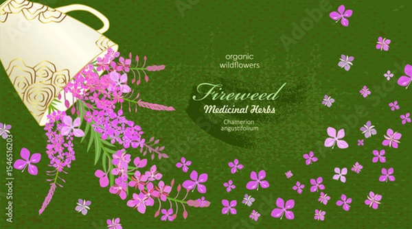 Fototapeta banner with blooming fireweed flowers pouring from a cup. card with Chamaenerion angustifolium wildflowers flowing from a mug of golden pattern. medicinal herbal on grungy green background