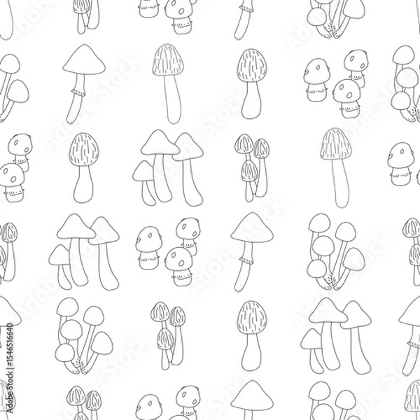 Fototapeta A black and white vector drawing of various mushrooms. Seamless pattern with toadstool and fly agaric outline doodle art