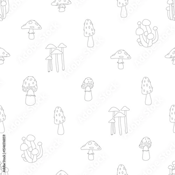 Fototapeta A black and white drawing of mushrooms with a variety of shapes and sizes. Vector seamless pattern with toadstool and fly agaric