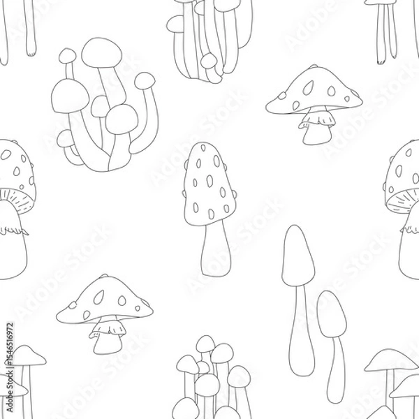 Fototapeta A black and white drawing of various mushrooms. Doodle seamless pattern with toadstool and fly agaric.