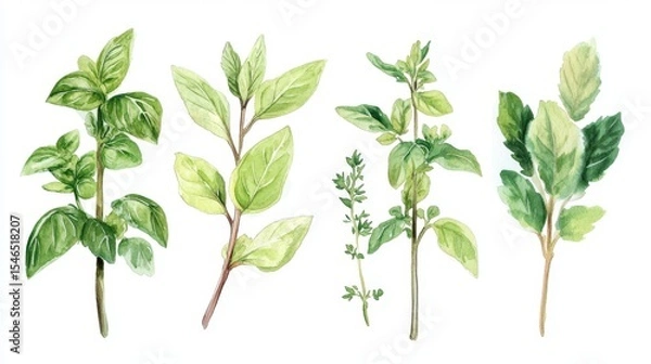 Fototapeta A watercolor illustration of culinary herbs highlights Basil, Mint, Rosemary, Thyme, and Cilantro as fresh green aromatic options for cooking and design applications