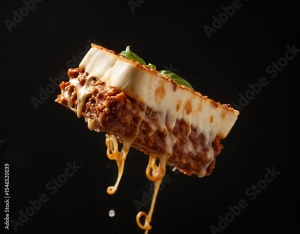 Fototapeta Delectable Food Presentation: A delectable slice of food is captured mid-air, the melted cheese gracefully cascading, promising an unforgettable gustatory journey. Ai generated image