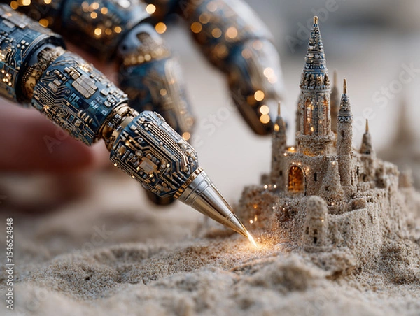 Fototapeta Close-up of an artificial intelligence robot writing with its finger in the sand, drawing a miniature ornate medieval castle in detail, with gold and silver electric circuits.