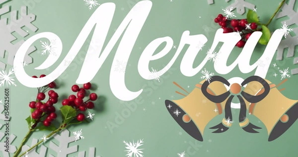 Obraz Displaying white cursive Menu text floating on mint canvas with snowflakes red berries golden bells