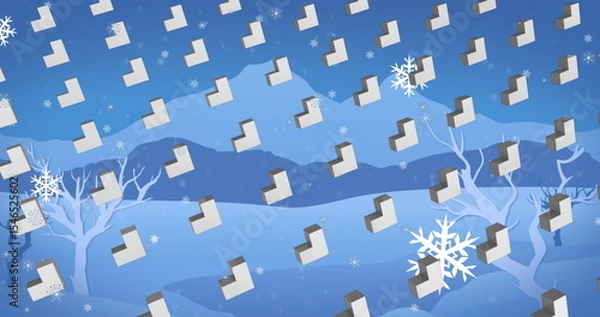 Fototapeta Showing wintry wallpaper featuring diagonal folder icons over snowy hills, bare trees, snowflakes