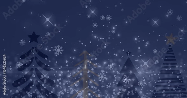 Fototapeta Displaying three Xmas tree silhouettes against blue gradient with snowflakes, stars and bokeh orbs