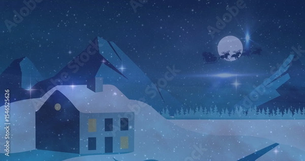 Fototapeta Featuring small cabin glowing windows at snowy foothills, with Santa sleigh silhouette, copy space
