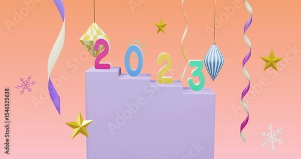 Fototapeta Displaying purple pedestal showing numeral models 2023 on showcase, with baubles and snowflakes