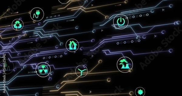 Obraz Displaying neon circuit network pulsing on screen, with circular green icons, dots and arrowheads