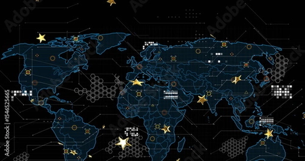 Obraz Digital world map displaying connections in cyber interface, with gold star icons and hex clusters