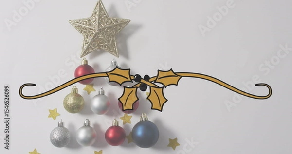 Obraz Displaying gold holly and berry banner on tabletop, with gold star ornament, baubles and confetti