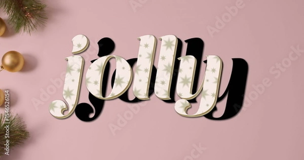 Obraz Arranging flat lay showing stylized jolly letters on pink backdrop, fir branches and gold baubles