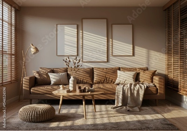Fototapeta Cozy, sunlit living room with a gallery wall of three vertical frame mockups.
