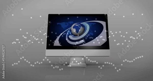 Obraz Displaying all-in-one computer showing 3D globe graphic on tabletop in studio, with pixel motifs