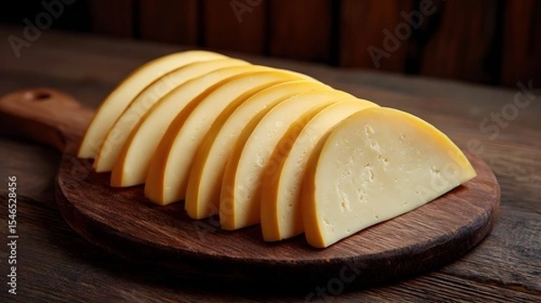 Obraz Sliced smoked cheese arranged on a wooden cutting board for a rustic presentation