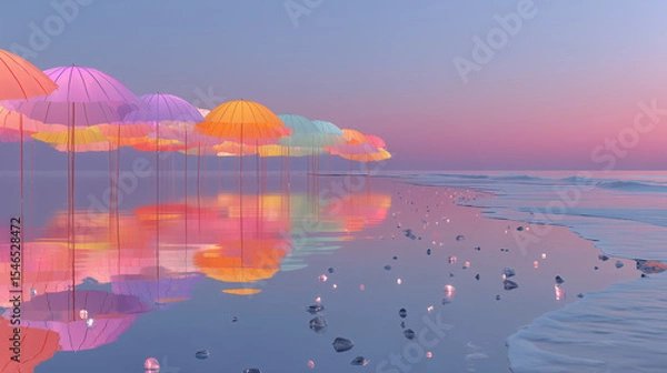 Fototapeta Surreal Pastel Beach with Floating Umbrellas at Sunset