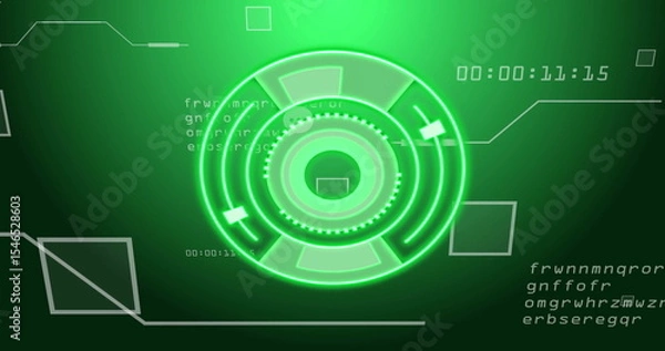 Obraz Displaying glowing green circular interface on control panel, with timecode, text strings and lines