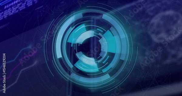 Obraz Rotating cyan digital interface glowing over control-panel, with concentric rings and line graphs
