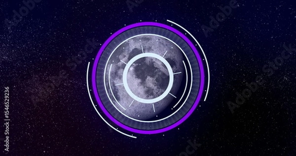 Obraz Displaying futuristic interface scanning starfield, with central moon graphic and purple HUD rings
