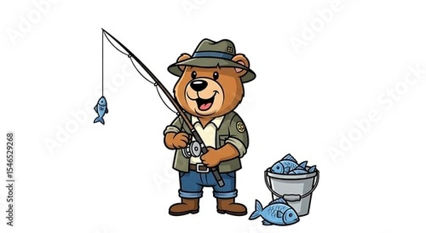 Fototapeta Cartoon bear fisherman with fishing rod, hat and bucket of fish, smiling and ready for adventure. On white background.