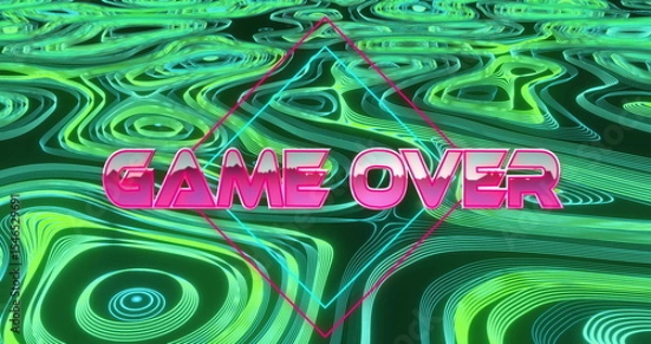 Obraz Displaying 3D GAME OVER text floating in neon green teal grid, with magenta cyan diamond outlines