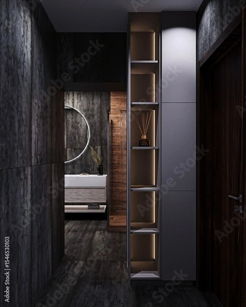 Obraz MoModernody dark hallway hallway design with with textured dark walls textured, walls wood, accents built,-in ambient shelf shelf lighting lighting,, wood and accents a, glimpse and of a a round styli