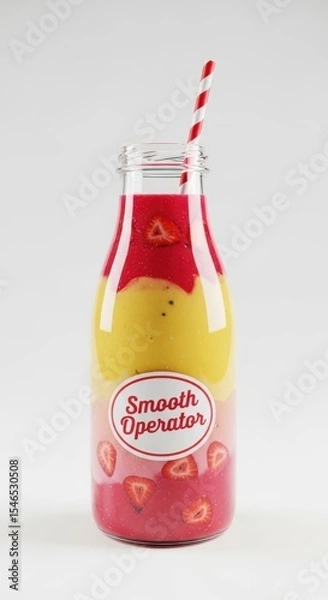 Obraz A layered fruit smoothie in a glass bottle with a straw isolated on white background