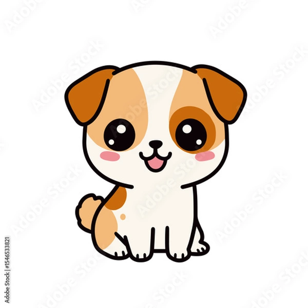 Fototapeta Cute cartoon baby dog sitting and smiling with big round eyes  