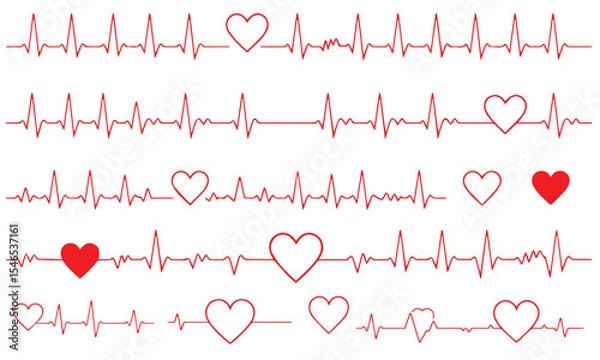 Fototapeta Red heartbeat line collection with heart symbol, cardiology, medical pulse, ECG, EKG design, healthcare clipart vector illustration, health monitoring, digital heartbeat graphics