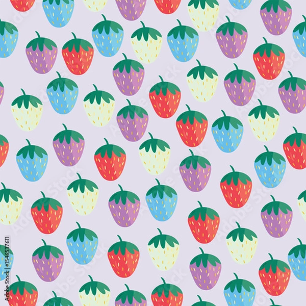 Fototapeta Seamless pattern with colorful strawberries in red, blue, pink, and white on a soft lilac background. Perfect for kids' designs, fabrics, wrapping paper, and cheerful summer prints