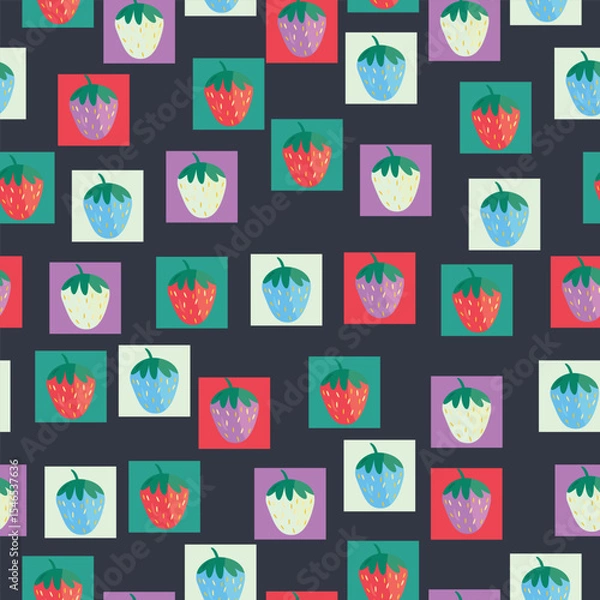 Fototapeta Playful seamless pattern with colorful strawberries inside bright geometric squares on a dark background. Ideal for children’s products, textiles, gift wrap, and fun summer prints