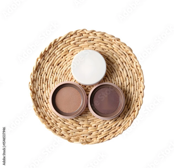 Fototapeta Three Round Eyeshadow Compacts on Rattan Mat on White Background top view
