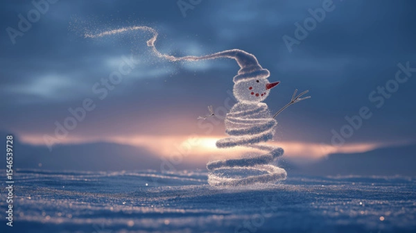 Fototapeta Whimsical snowman made of swirling snow particles at sunset in a magical winter landscape.